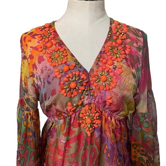 Boston Proper Beaded Long Sleeve Boho Blouse in Multicolor Leopard Print Small - Picture 4 of 9